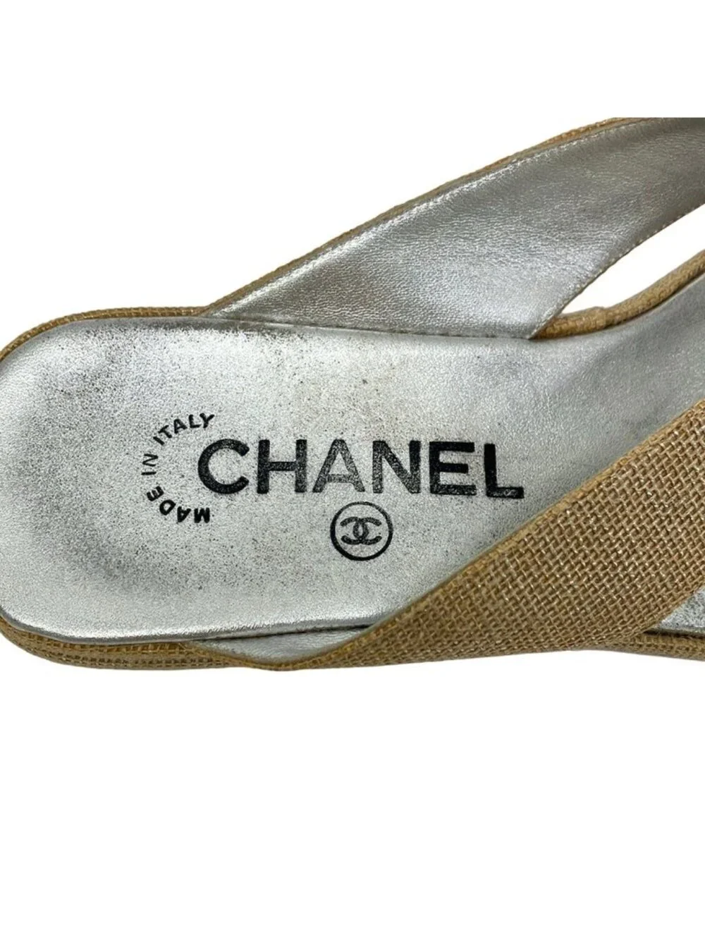Chanel Beach Sandals 36 Beige CC Logo Silver Linen